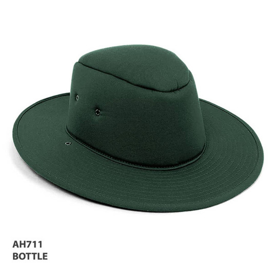 A green foam hat with a wide brim and ventilation holes, featuring a simple design and a logo.