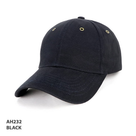 A black cap featuring a brass buckle and eyelets, with a curved visor and a logo present.