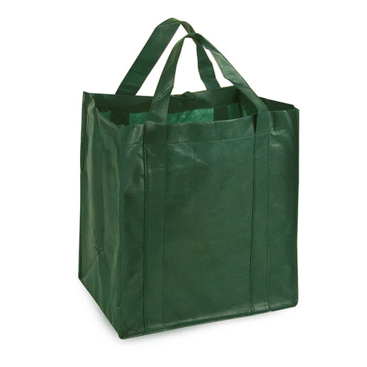 A green non-woven shopping bag with dual handles and a reinforced base. It features a logo on one side.