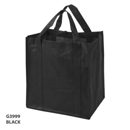 A black non-woven shopping bag with sturdy handles and a spacious design, featuring a logo.