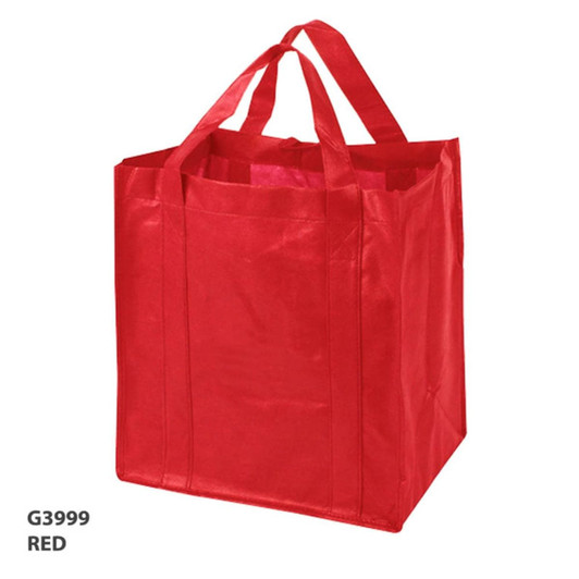 A red non-woven shopping bag with two sturdy handles and a square shape. It features a logo on the side.