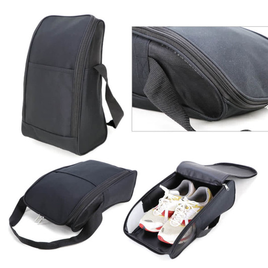 A black shoe bag featuring a zip closure, a carrying strap, and a compartment for storing shoes.