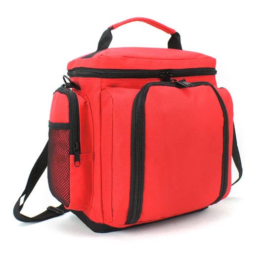 A red cooler bag with black accents, featuring multiple zippers and a detachable shoulder strap. It has a logo on the front.