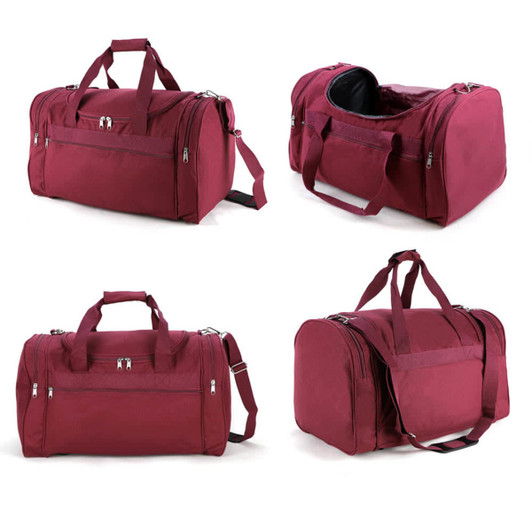 A maroon duffle bag with multiple compartments, featuring both hand and shoulder straps, and a logo.