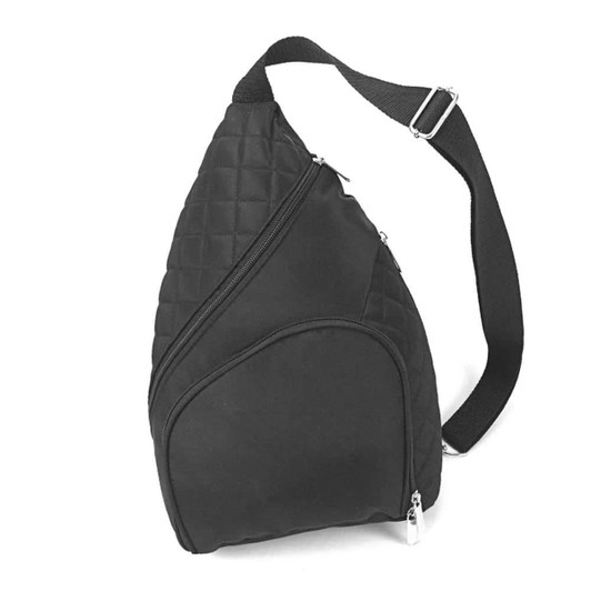 A black, quilted sling backpack featuring multiple zippered pockets and an adjustable strap.