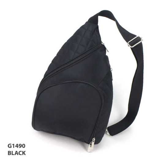 A sleek black Traveller Bag with a quilted texture and an adjustable strap, featuring multiple zippered compartments.