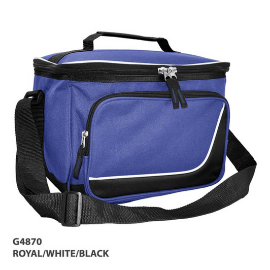 A blue cooler bag with black and white accents, featuring a zippered compartment and a shoulder strap.