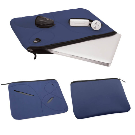 A navy laptop sleeve with sections for a mouse, pen, and other accessories, featuring a branded logo.