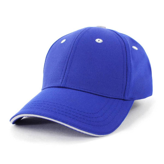 A blue PET/Cotton sandwich cap with a curved brim and a logo on the front.