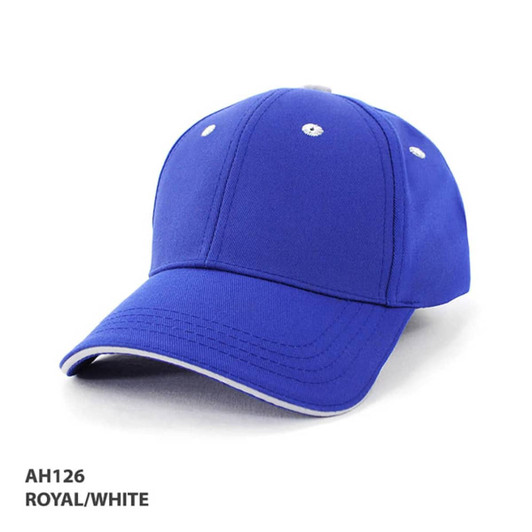 A royal blue and white cap with a logo, featuring a curved brim and six-panel construction.