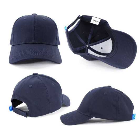 A navy blue cap featuring a structured design and an adjustable strap, with an internal logo.