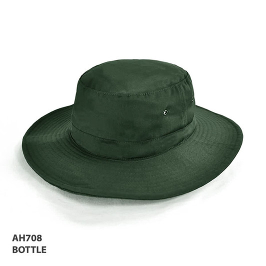 A green Polyviscose bucket hat with a wide brim and a small branding logo.