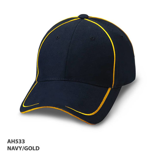A navy cap with gold accents and a logo, featuring a curved peak and stitching details.