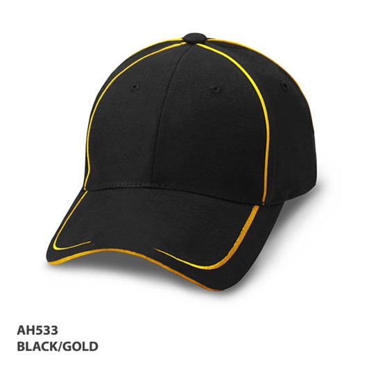 A black cap with gold piping and a logo. It features a curved brim and a structured design.