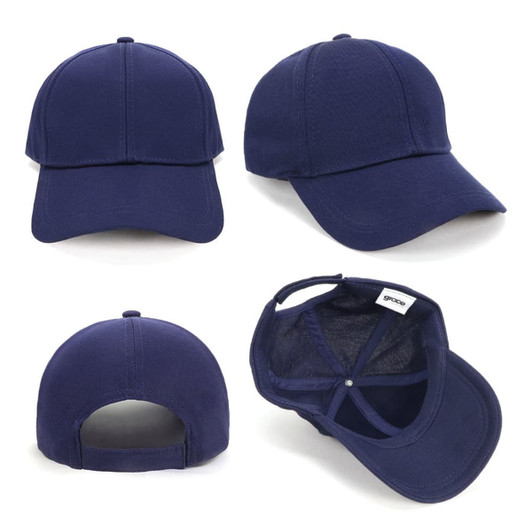 A navy blue cotton cap featuring a structured design and adjustable back, with a logo on the interior.