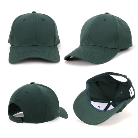 A green cap featuring a solid design and a back strap for adjustment. It has a logo on the side.