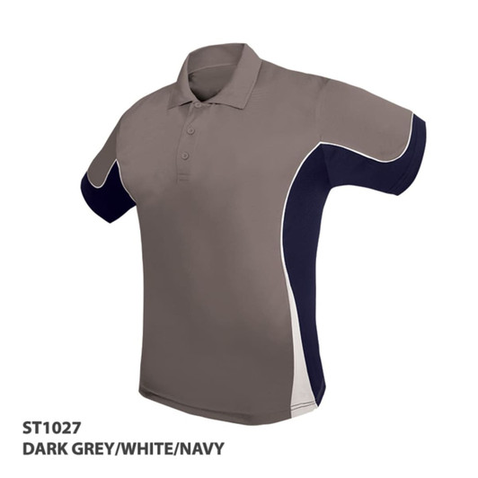 A dark grey polo shirt with white and navy accents, featuring a logo on the chest area.