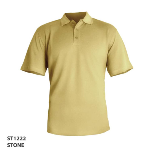 A stone-coloured polo shirt with a classic collar and three buttons, featuring a logo on the chest.