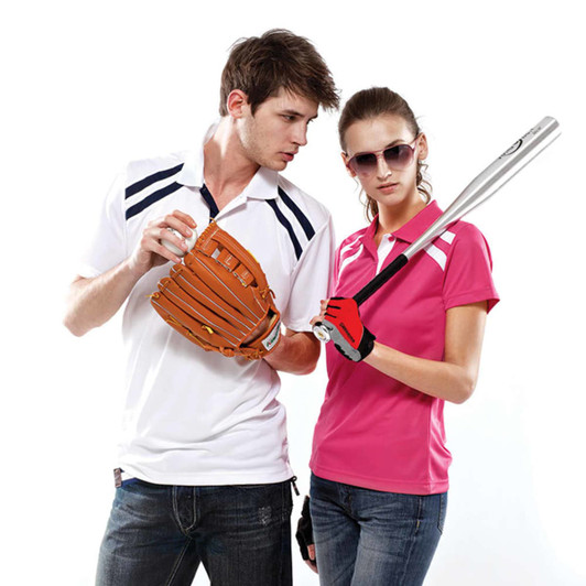 Two models wear Titan Polos: one in white, the other in pink. The male model holds a baseball glove, while the female holds a bat.