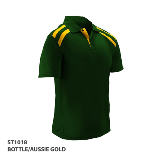 A green polo shirt with yellow stripes and a collar, featuring a logo.