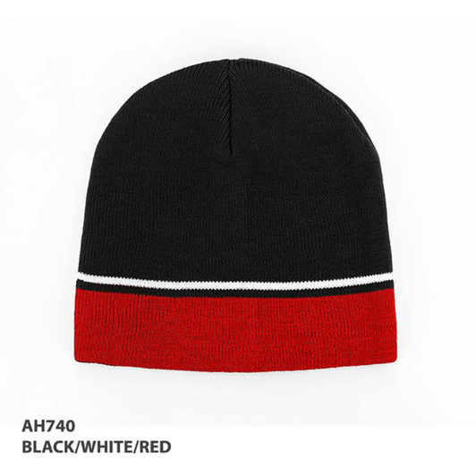 A black, white, and red two-tone acrylic beanie with a striped design at the bottom.