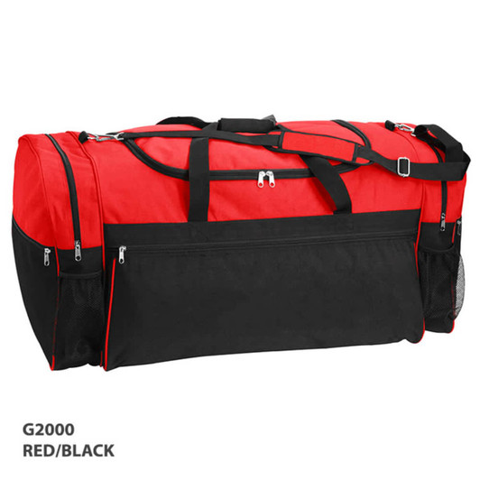 A large duffle bag in red and black with multiple zippered compartments and a mesh pocket. It features a logo.