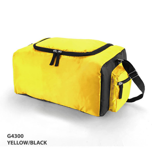 A large yellow and black cooler pack with a zippered top and a side handle, featuring a logo.