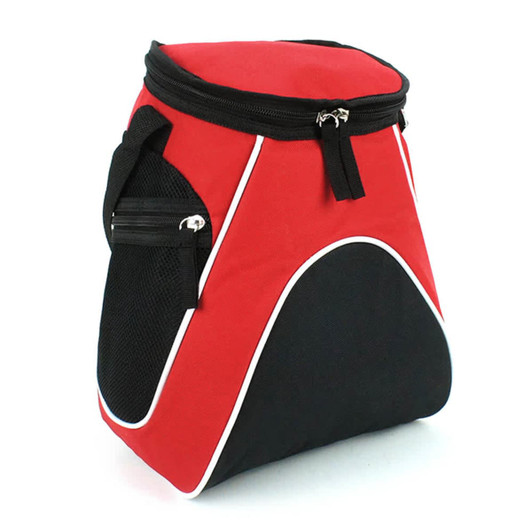 A large cooler bag in red and black with a zip closure and mesh pocket, featuring branding.