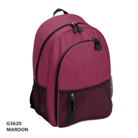 A maroon backpack featuring two zippered compartments, a mesh side pocket, and a logo.