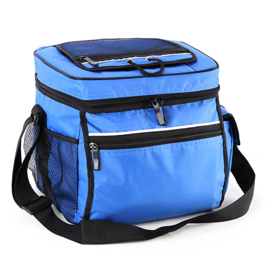 A blue cooler bag with zippered compartments and a mesh pocket, featuring an adjustable strap.