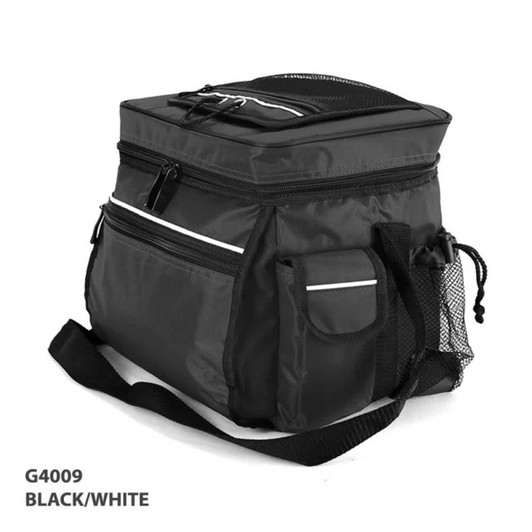 A black and white cooler bag with multiple pockets and a shoulder strap. It features a zippered top and has a mesh side pocket.