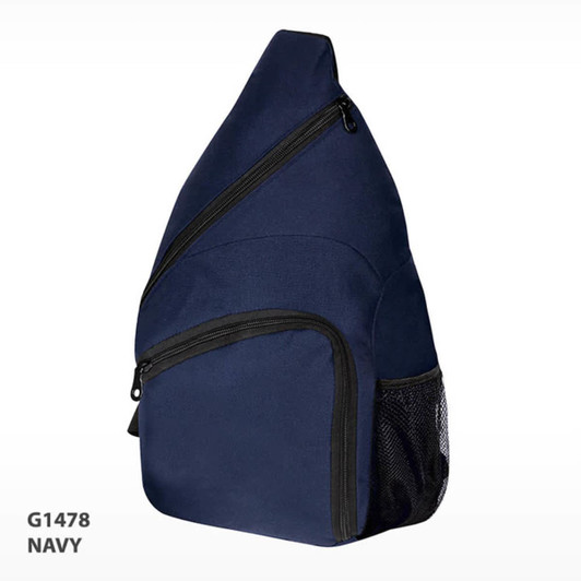 A navy slingpack featuring a zippered compartment and a mesh pocket. It has one logo.