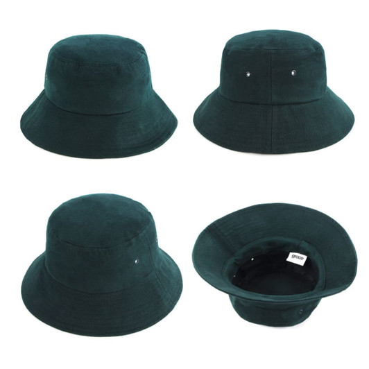 A green kids bucket hat featuring a wide brim and inner tag, with two decorative side studs.