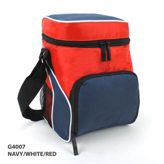 A red and navy cooler bag with a zippered compartment and adjustable shoulder strap. Features a small front pocket.