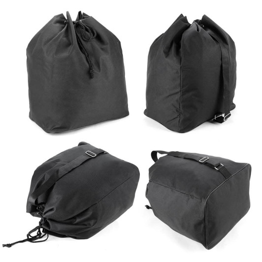 A set of black drawstring bags, featuring various angles and styles, with a sleek, minimalist design.