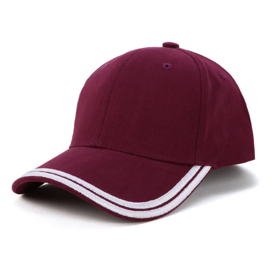 A burgundy cap featuring double white piping along the brim and a logo on the front.