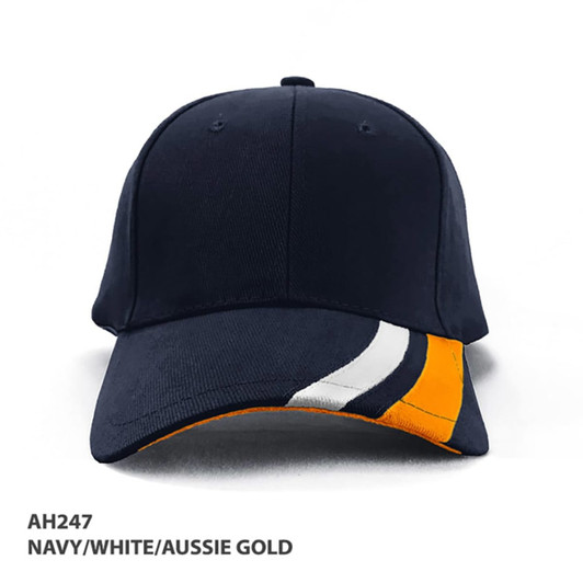 A cap in navy, white, and Aussie gold with a logo, featuring a curved design on the brim.