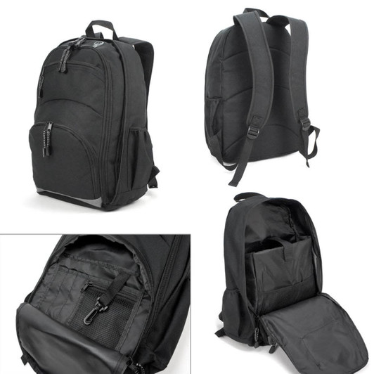 A black Transit Backpack featuring multiple compartments, padded straps, and a zippered main section. It has a branded logo.