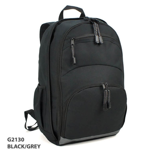A black and grey backpack with multiple zippered compartments and adjustable straps. It has a logo on the front.