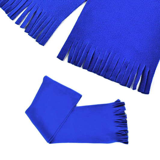 A blue scarf with fringed edges, featuring a smooth fabric texture and a compact design. It includes a logo.