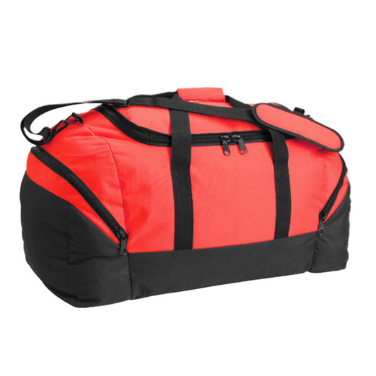 A red and black duffle bag with zippers and a shoulder strap, featuring a branding logo.