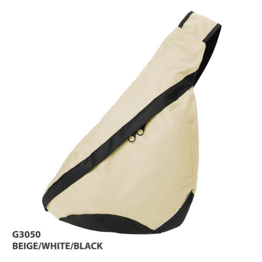 A beige slingpack with black accents, featuring a single strap and a branded logo.