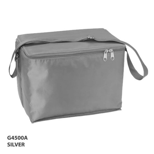 A silver cooler bag with a zippered top, featuring a shoulder strap and a logo on the side.
