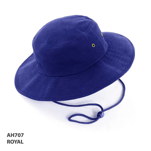 A royal blue bucket hat with ventilation eyelets and an adjustable chin strap. It features a branding logo.