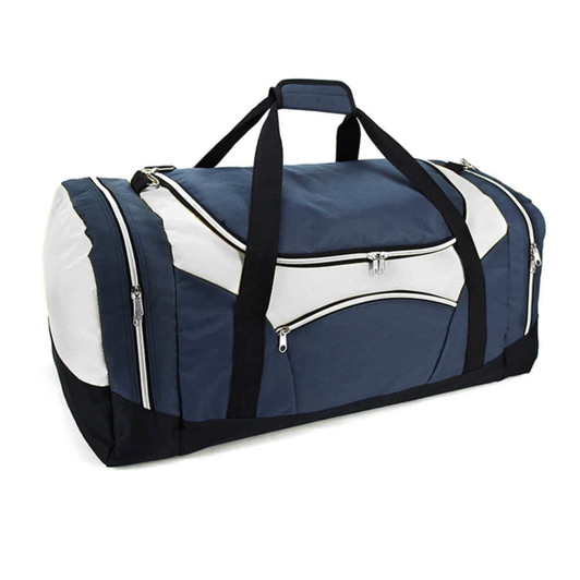 A duffle bag in navy blue and white, featuring multiple zippered pockets and a shoulder strap. It has a logo.