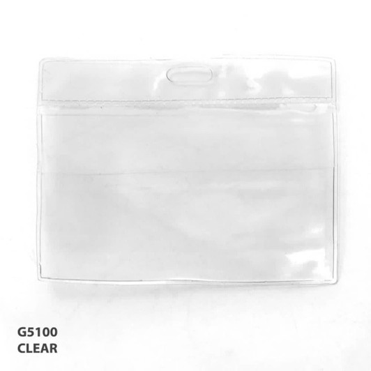 A clear vinyl card holder with a top slot for easy attachment, suitable for displaying badges.