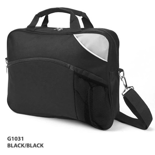 A black conference bag with a zippered main compartment, front pocket, and a mesh side pocket. It has a detachable shoulder strap.