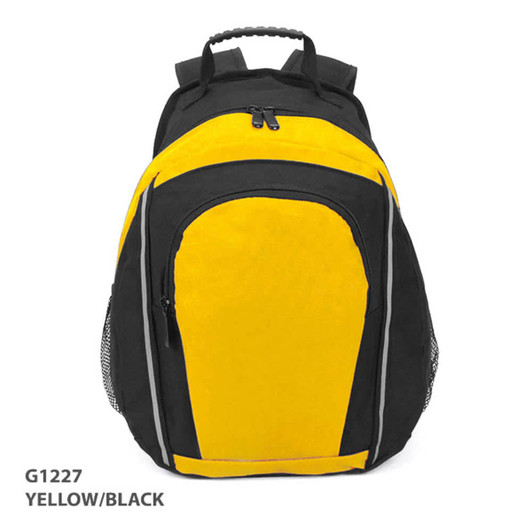 A yellow and black backpack with a zipper closure and mesh side pockets. It features a logo on the front.