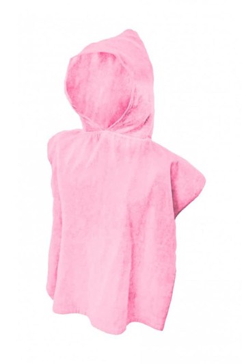 A pink hooded towel with an oversized design and a decorative hood. It features a logo on the front.