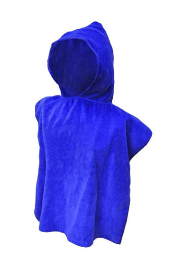 A hooded towel in a vibrant blue colour, featuring a spacious hood. The towel is crafted from soft fabric.